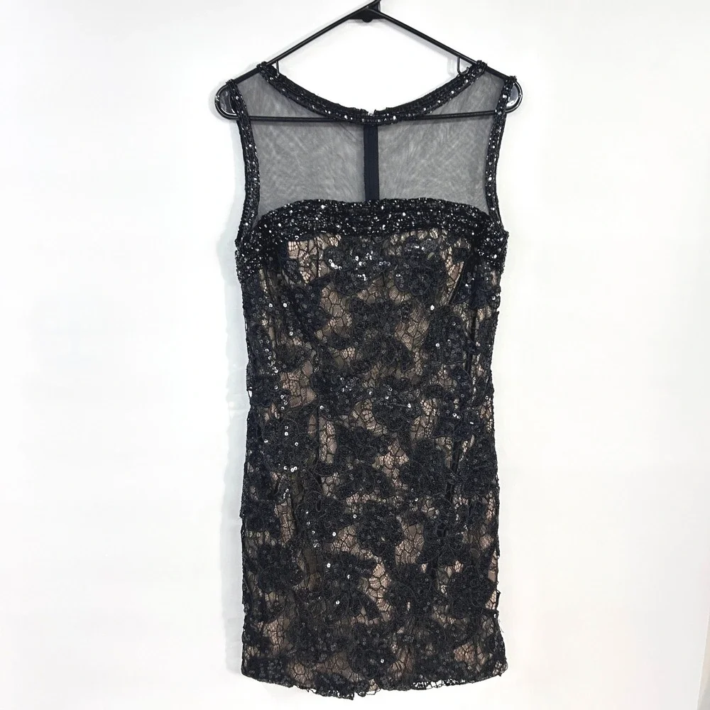 Rina di Montella Black Lace Sequin Cocktail Dress 10 Illusion Mesh Beaded Formal